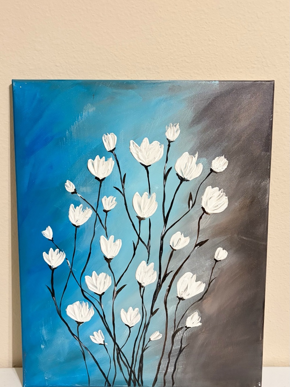 White Floral Canvas Wall Art on Blue and Gray Background Home Art, Size 16x20in